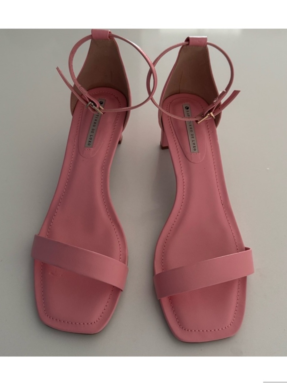 Pink Ankle-Strap Square Toe Heels Sandals